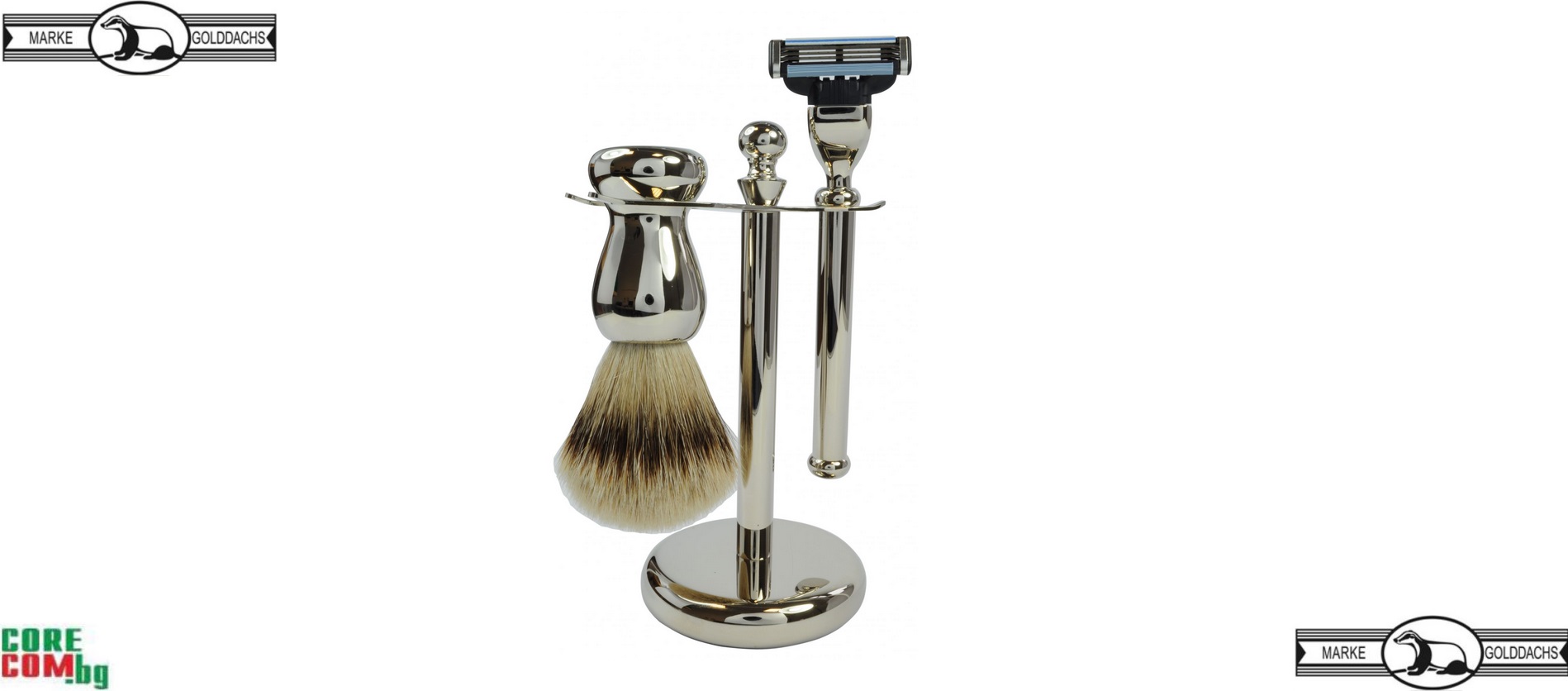 Golddachs shaving set, black badger hair, Луксозен комплект за бръснене, комплектът съдържа четка за бръснене с естествен косъм Язовец, самобръсначка с три ножчета и поставка от неръждаема стомана, Golddachs Германия